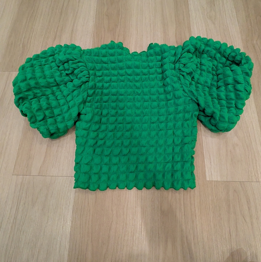 Anthropologie Eri + Ali Green Puff Sleeve And Puff Fabric Cropped Shirt Size XSP - Picture 7 of 7